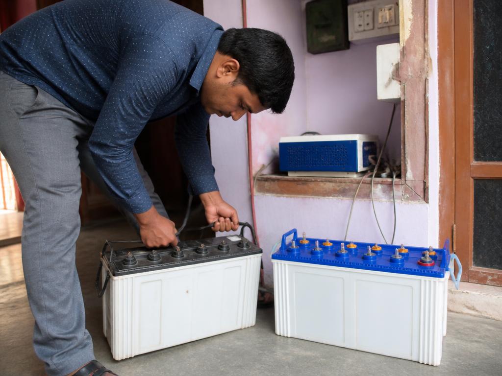 Technician replacing an old inverter battery
